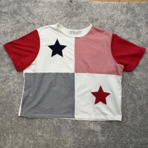 Vintage 80s Bedford Fair Shirt Plus 3X Patchwork Stars Boxy Cropped Americana - Picture 1 of 7